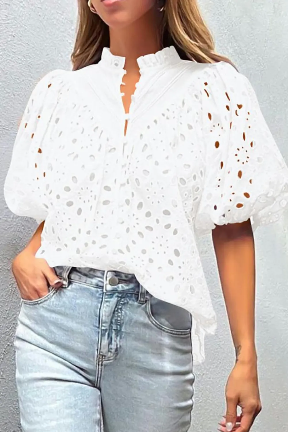Fashion Dear-Lover Flower Embroidered Hollow-out Puff Sleeve Blouse White