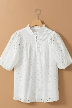Fashion Dear-Lover Flower Embroidered Hollow-out Puff Sleeve Blouse White