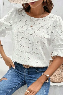 Fashion Dear-Lover Flower Eyelet Jacquard Keyhole Flounce Sleeve Top White