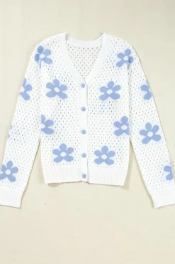 Clearance Dear-Lover Flower Knit Hollow Out Open Short Cardigan White