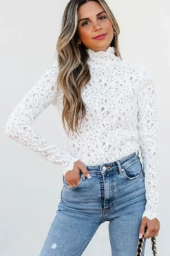 New Dear-Lover Flower Lace See Through Mock Neck Long Sleeve Top White