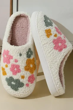Hot Dear-Lover Flower Pattern Slip On Plush Home Slippers White