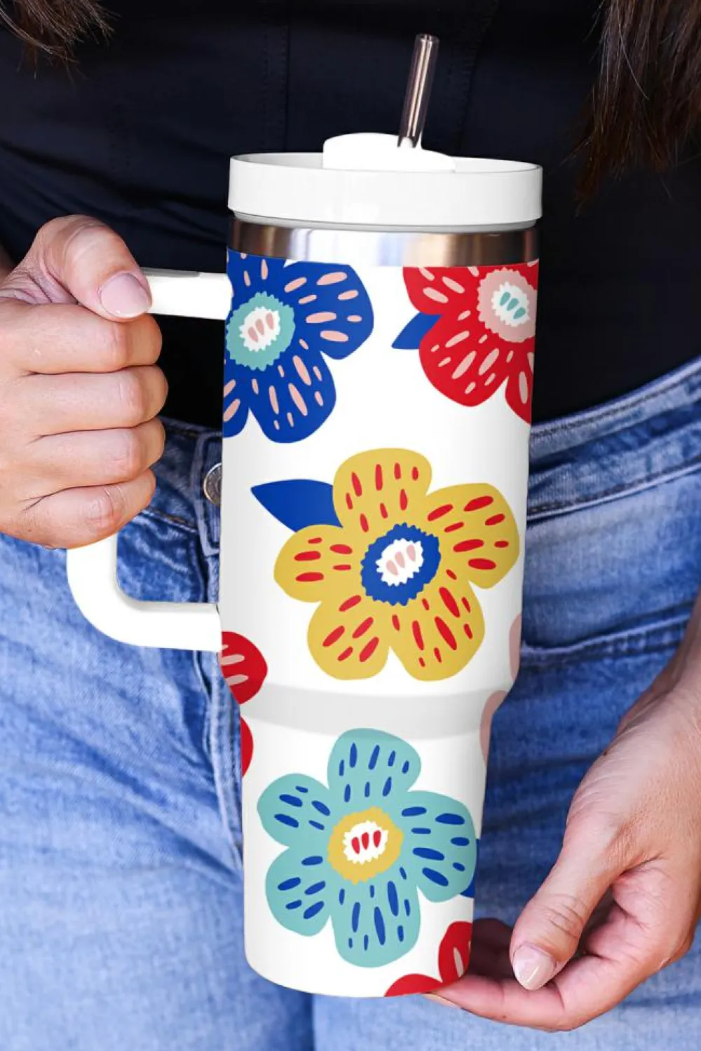 Best Dear-Lover Flower Pattern Stainless Vacuum Cup with Handle 40oz White