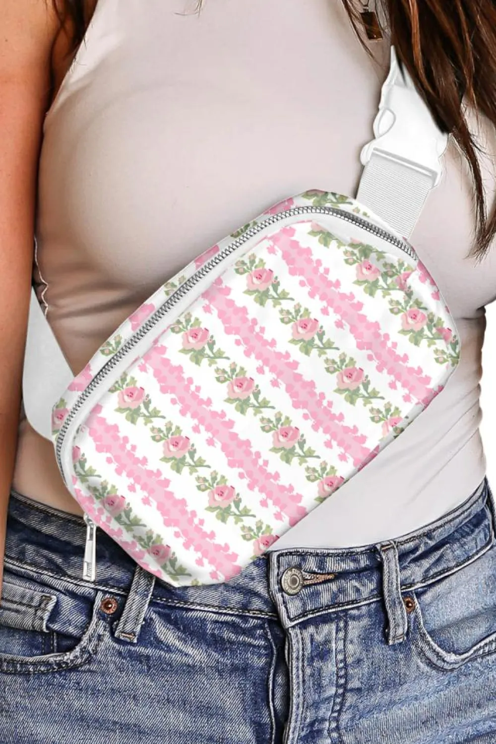 New Dear-Lover Flower Print Buckle Wide Strap Sling Bag White