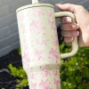 New Dear-Lover Flower Print Handle Insulated Large Tumbler 40oz White