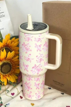 New Dear-Lover Flower Print Handle Insulated Large Tumbler 40oz White