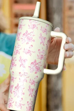 New Dear-Lover Flower Print Handle Insulated Large Tumbler 40oz White