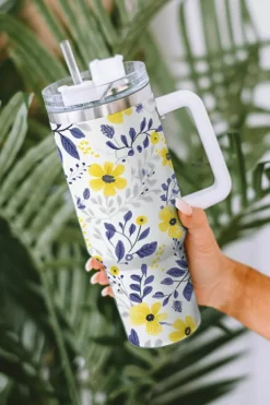 New Dear-Lover Flower Print Stainless Handled Large Tumbler 40oz White