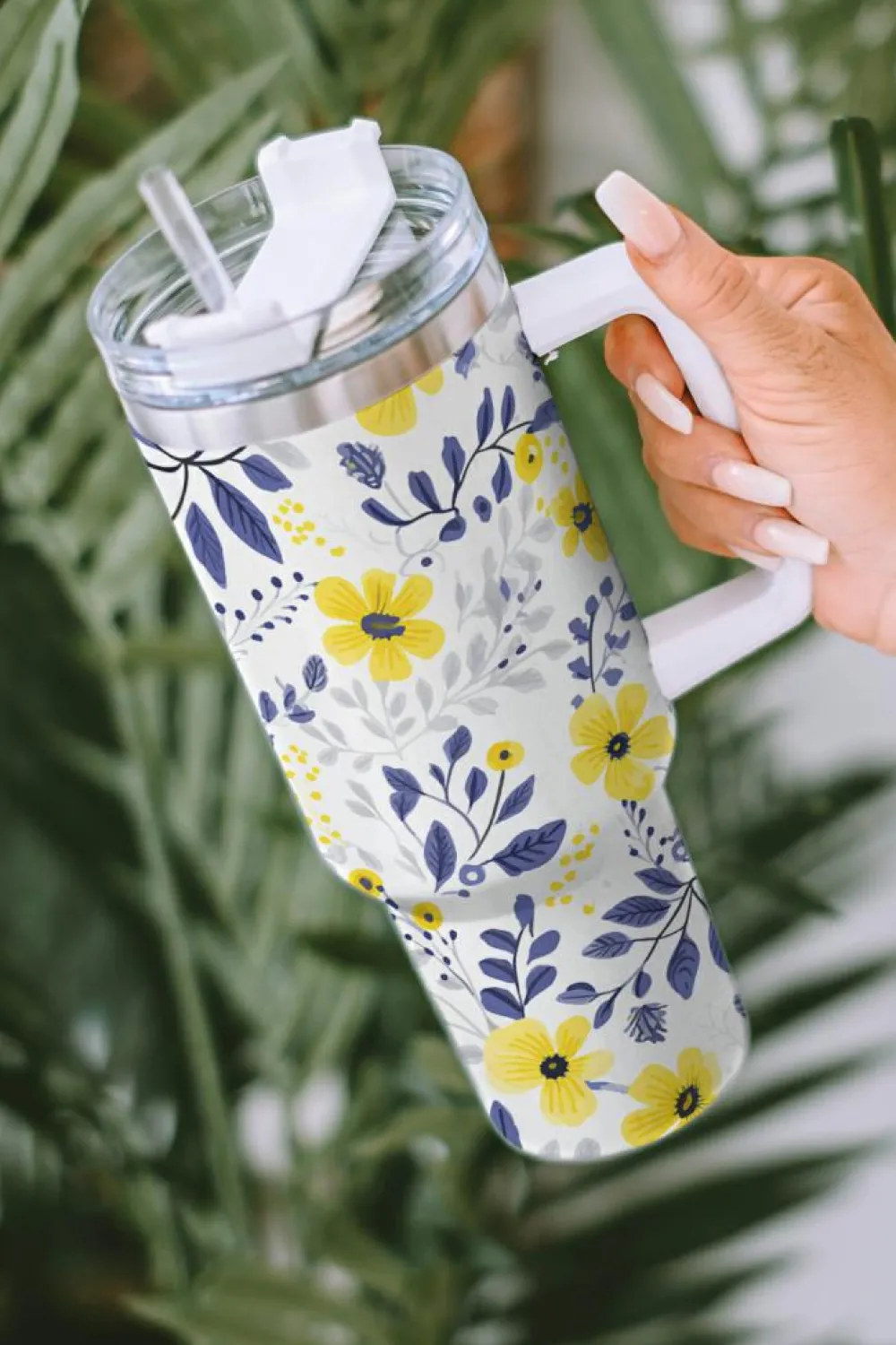 New Dear-Lover Flower Print Stainless Handled Large Tumbler 40oz White