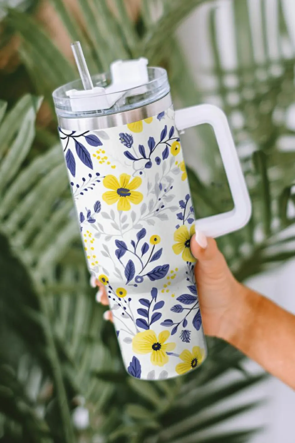 New Dear-Lover Flower Print Stainless Handled Large Tumbler 40oz White