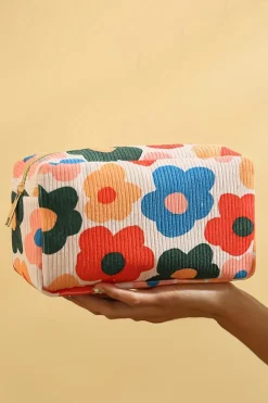 Outlet Dear-Lover Flower Print Zipper Square Corduroy Cosmetic Bag White