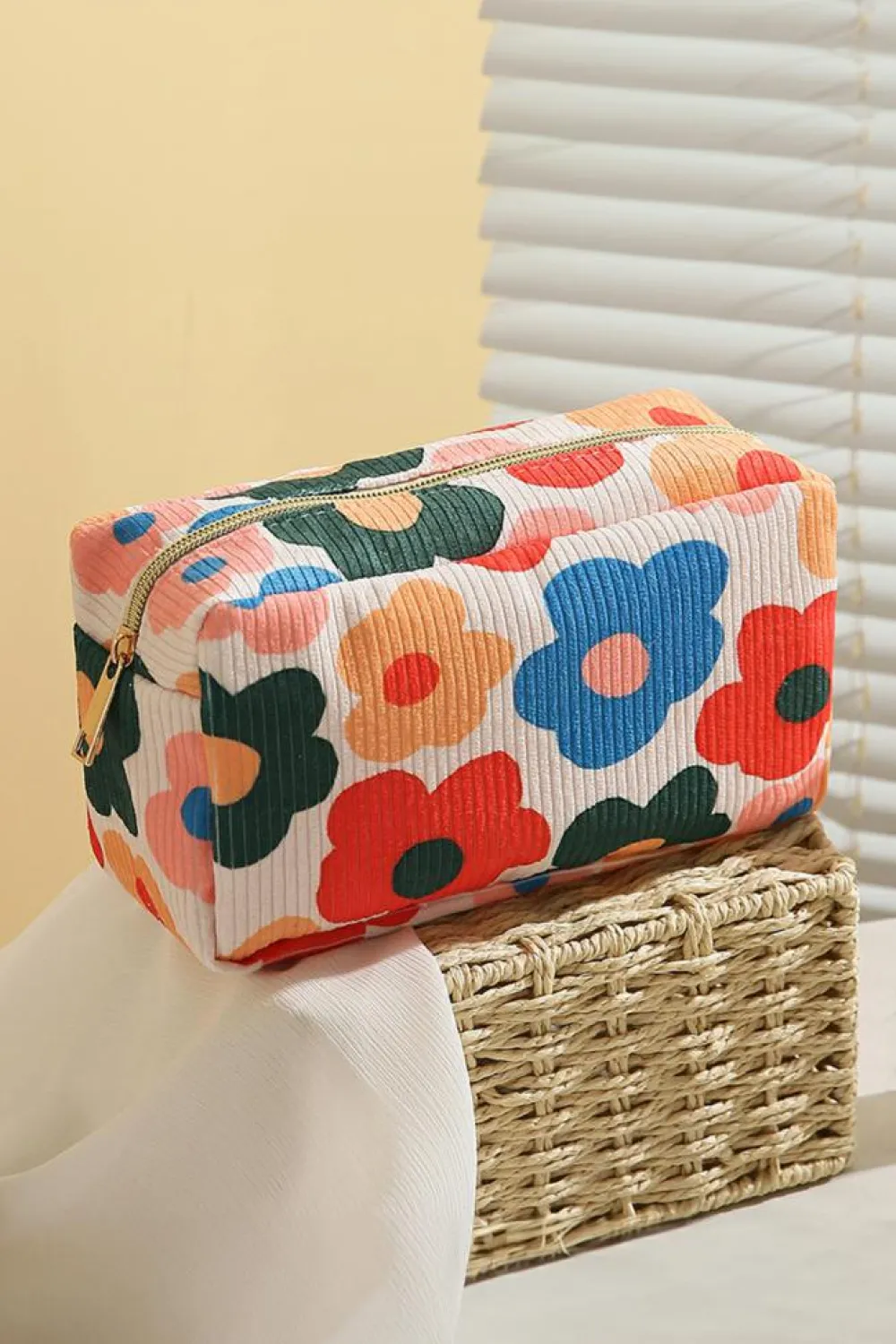 Outlet Dear-Lover Flower Print Zipper Square Corduroy Cosmetic Bag White
