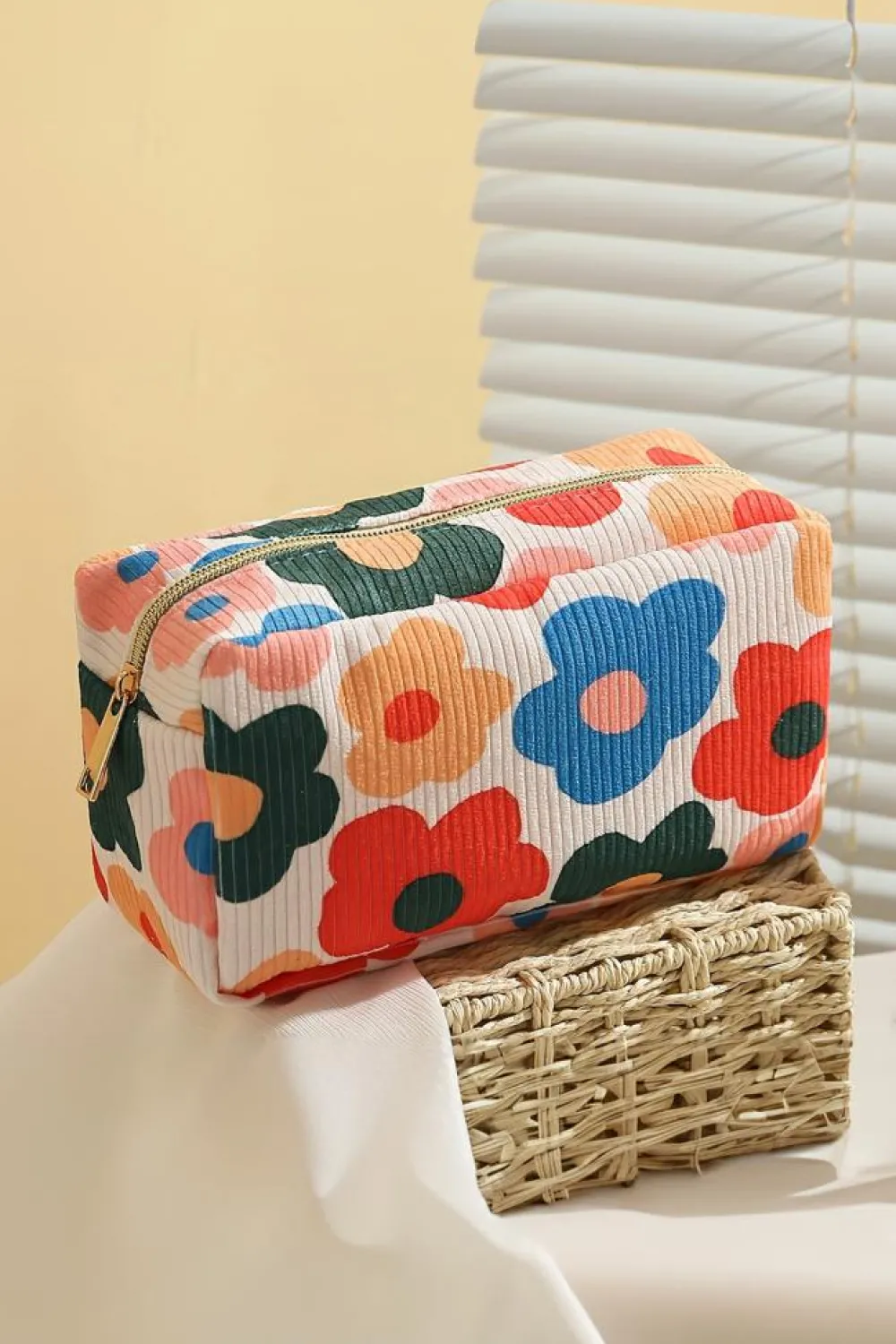 Outlet Dear-Lover Flower Print Zipper Square Corduroy Cosmetic Bag White