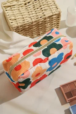 Outlet Dear-Lover Flower Print Zipper Square Corduroy Cosmetic Bag White