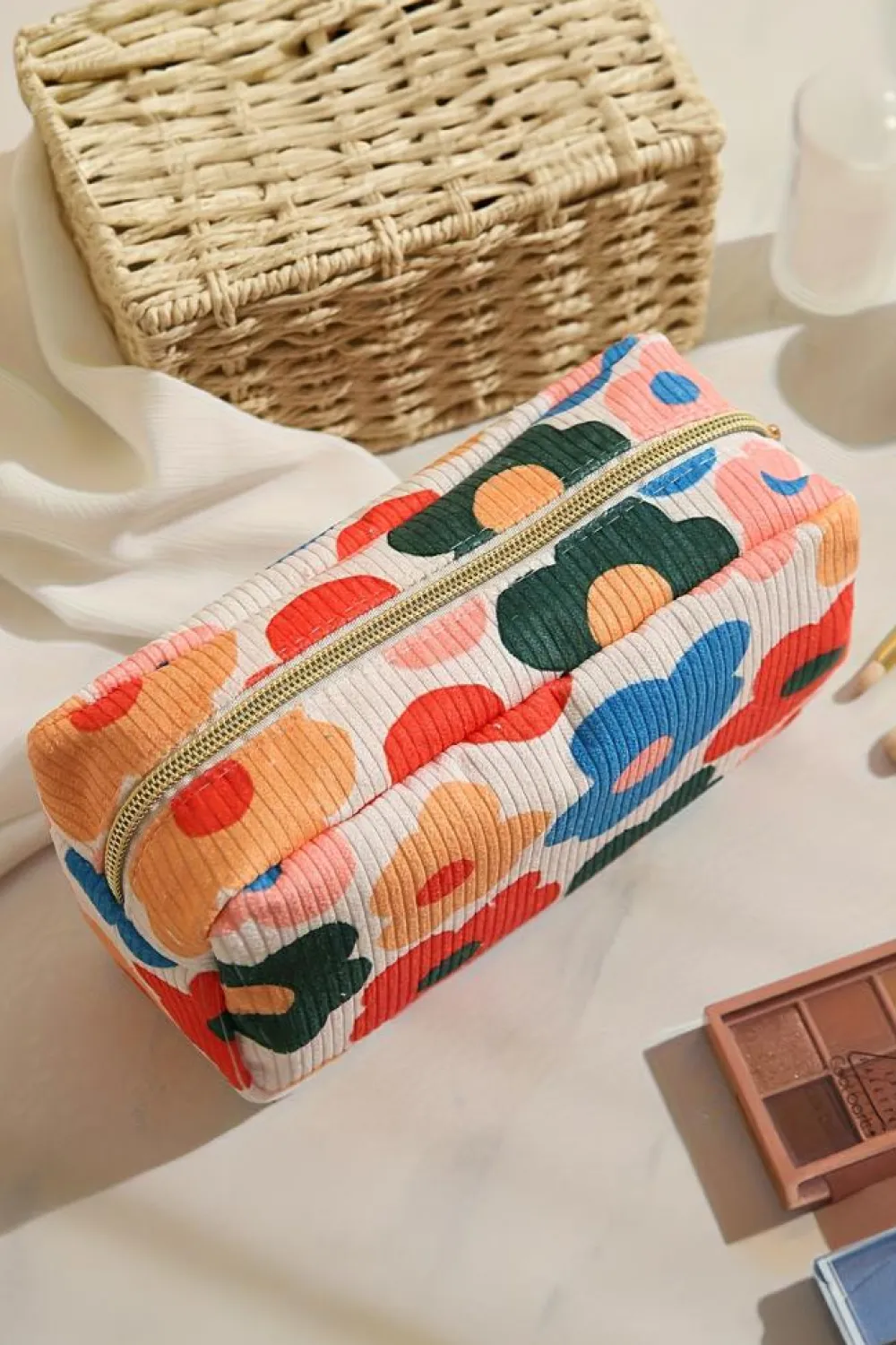 Outlet Dear-Lover Flower Print Zipper Square Corduroy Cosmetic Bag White
