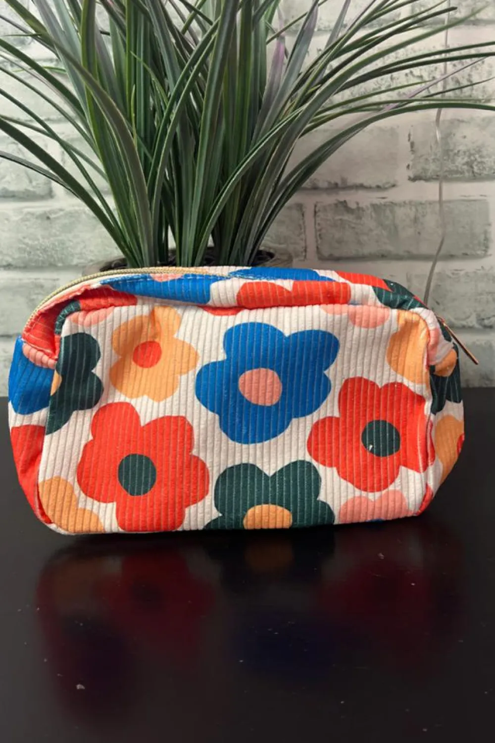 Outlet Dear-Lover Flower Print Zipper Square Corduroy Cosmetic Bag White
