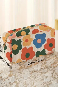 Outlet Dear-Lover Flower Print Zipper Square Corduroy Cosmetic Bag White