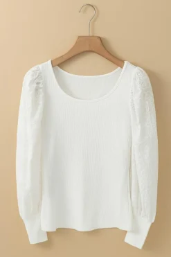Hot Dear-Lover Flower Puff Sleeve Ribbed Knit Top White