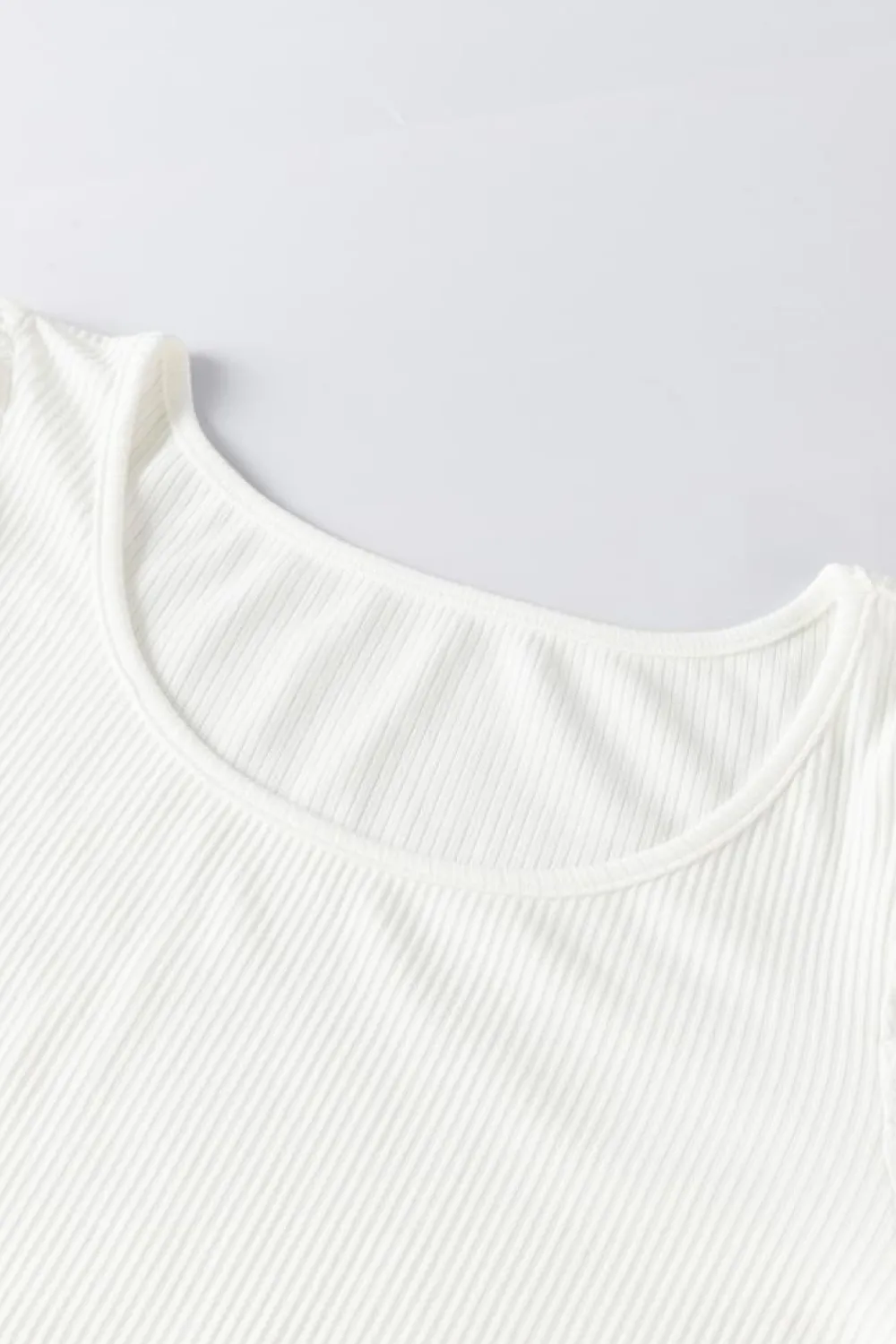 Hot Dear-Lover Flower Puff Sleeve Ribbed Knit Top White