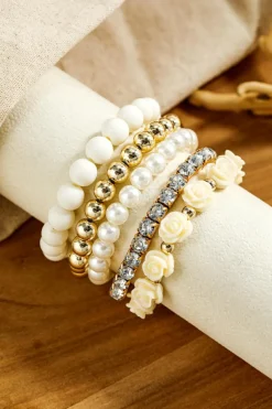New Dear-Lover Flower Rhinestone Beaded Multi Layer Bracelet Set White
