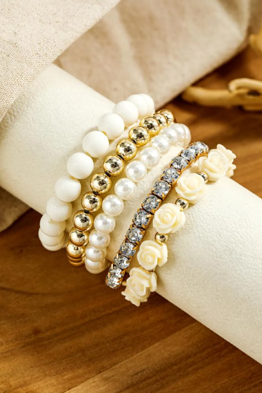 New Dear-Lover Flower Rhinestone Beaded Multi Layer Bracelet Set White