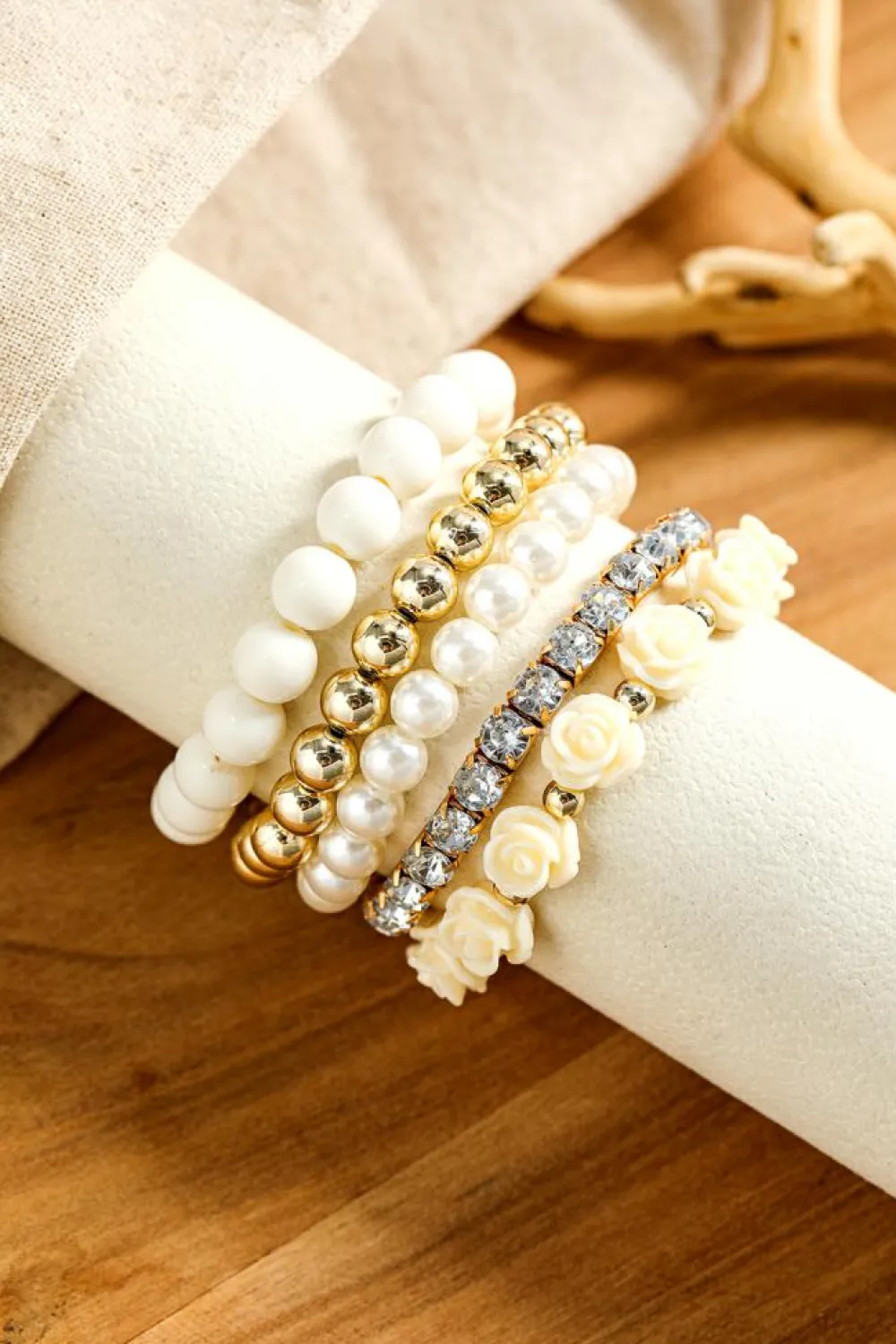 New Dear-Lover Flower Rhinestone Beaded Multi Layer Bracelet Set White