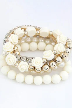 New Dear-Lover Flower Rhinestone Beaded Multi Layer Bracelet Set White