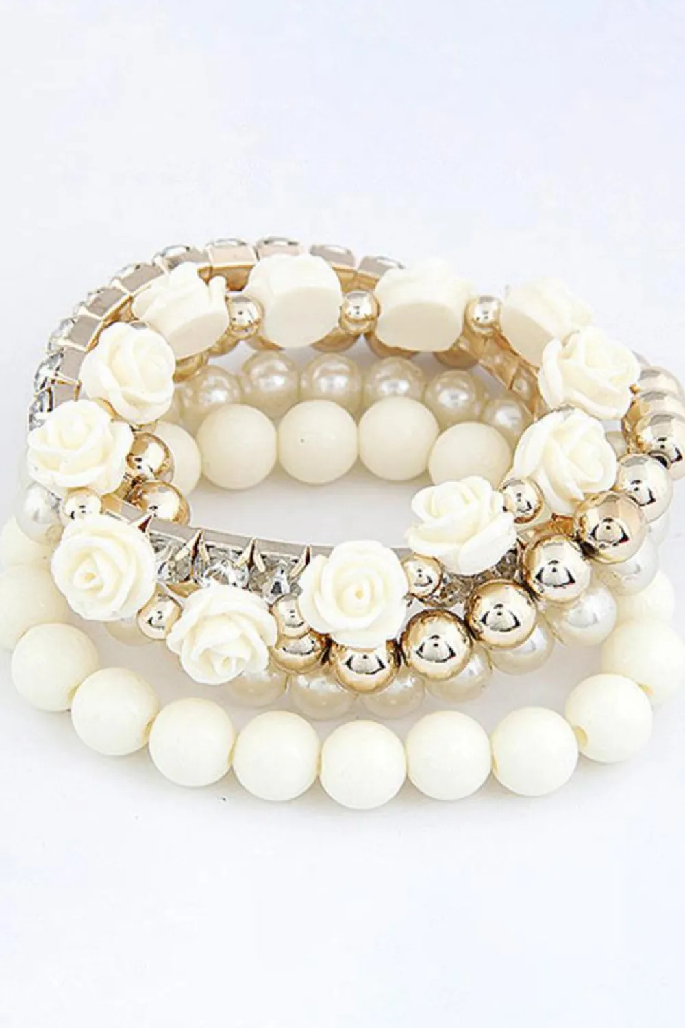 New Dear-Lover Flower Rhinestone Beaded Multi Layer Bracelet Set White