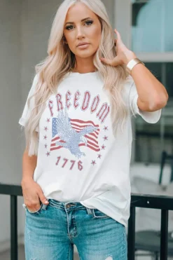 Online Dear-Lover FREEDOM Eagle Flag Print 1776 Graphic Tee White