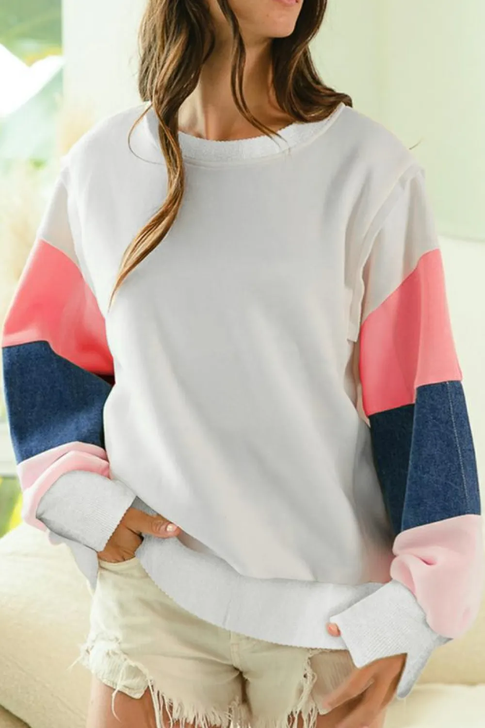 Discount Dear-Lover French Terry Color Block Long Sleeve Top White