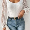 Outlet Dear-Lover Frenchy Contrast Lace Bishop Sleeve Bodysuit White