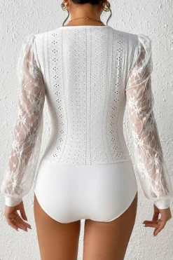 Outlet Dear-Lover Frenchy Contrast Lace Bishop Sleeve Bodysuit White