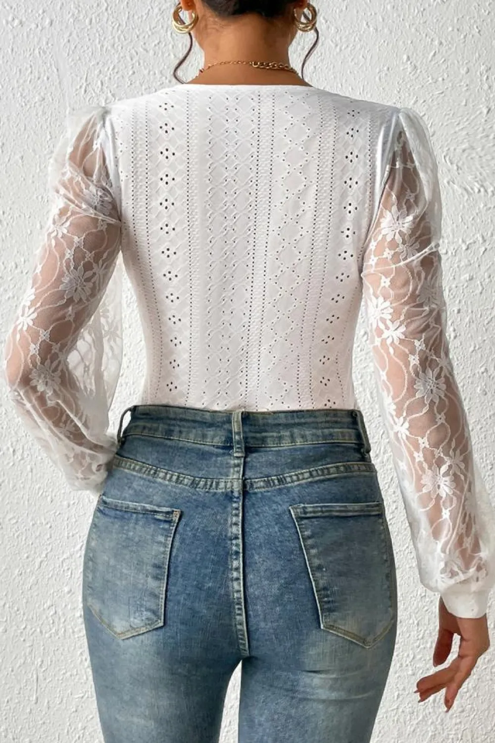 Outlet Dear-Lover Frenchy Contrast Lace Bishop Sleeve Bodysuit White