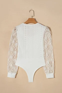 Outlet Dear-Lover Frenchy Contrast Lace Bishop Sleeve Bodysuit White