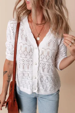 Online Dear-Lover Frenchy Hollow Out Knitted V Neck Cardigan White