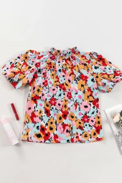 Sale Dear-Lover Frilled High Neck Buttons Back Floral Blouse White