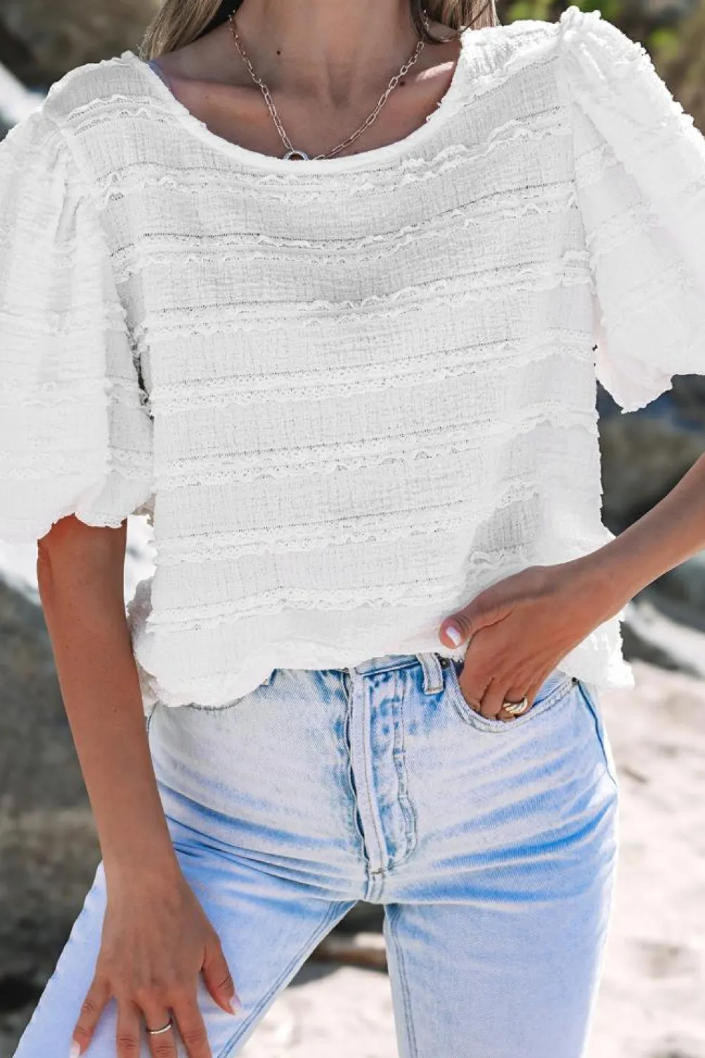 Fashion Dear-Lover Frilled Lace Trim Bubble Sleeve Blouse White