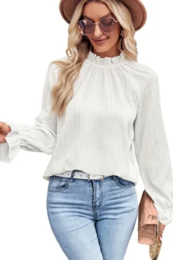 Hot Dear-Lover Frilled Mock Neck Ripple Bubble Sleeve Blouse White