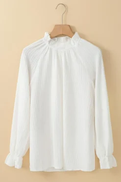Hot Dear-Lover Frilled Mock Neck Ripple Bubble Sleeve Blouse White