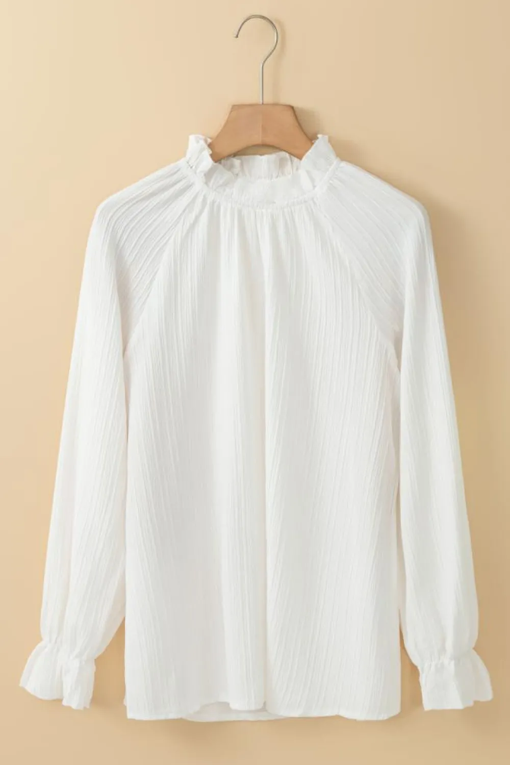Hot Dear-Lover Frilled Mock Neck Ripple Bubble Sleeve Blouse White