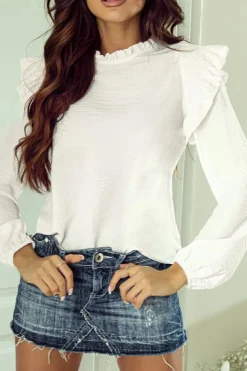 Best Dear-Lover Frilled Neck Ruffled Trim Bubble Sleeve Blouse White