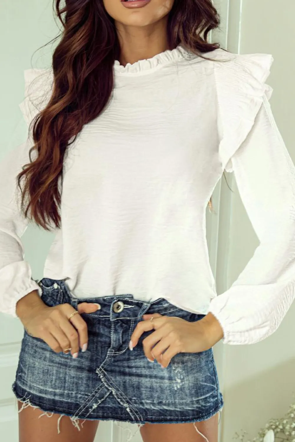 Best Dear-Lover Frilled Neck Ruffled Trim Bubble Sleeve Blouse White