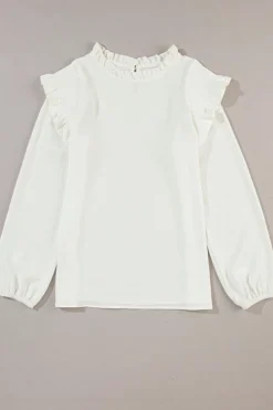 Best Dear-Lover Frilled Neck Ruffled Trim Bubble Sleeve Blouse White