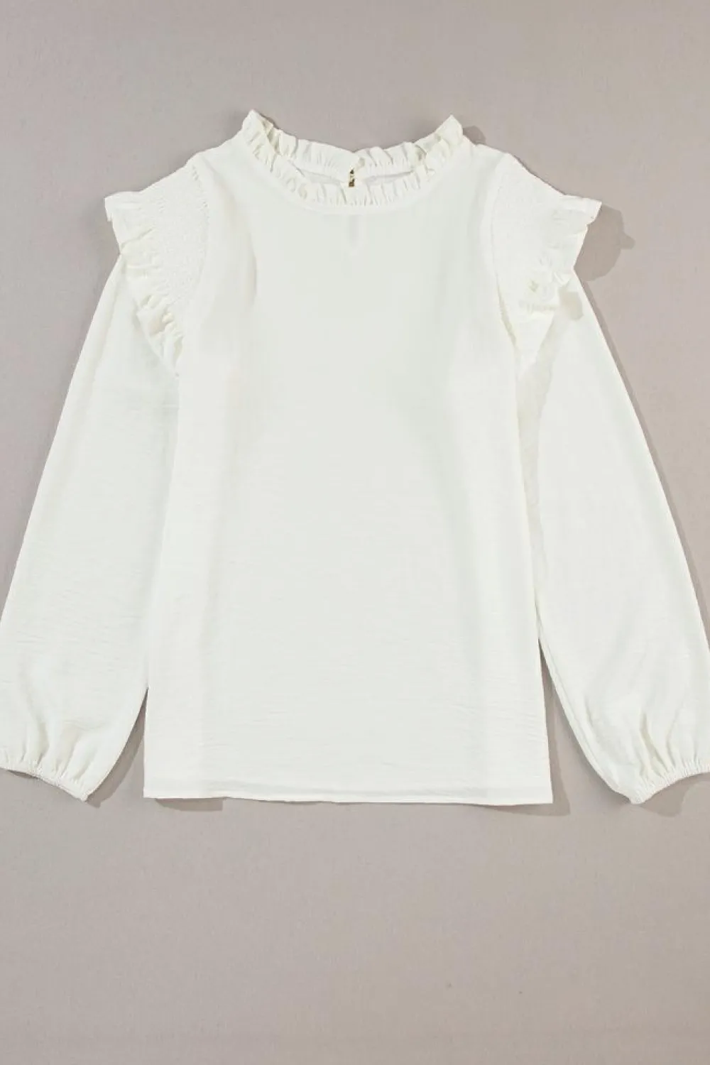 Best Dear-Lover Frilled Neck Ruffled Trim Bubble Sleeve Blouse White
