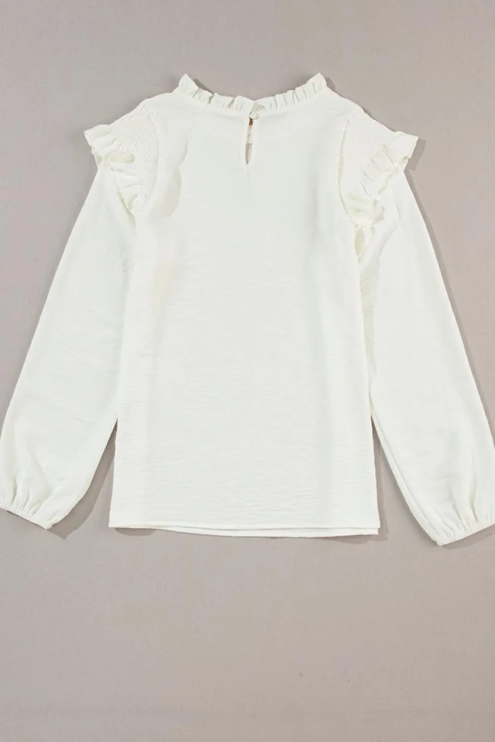 Best Dear-Lover Frilled Neck Ruffled Trim Bubble Sleeve Blouse White
