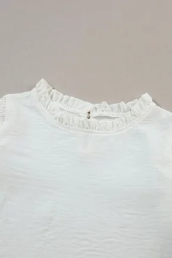 Best Dear-Lover Frilled Neck Ruffled Trim Bubble Sleeve Blouse White