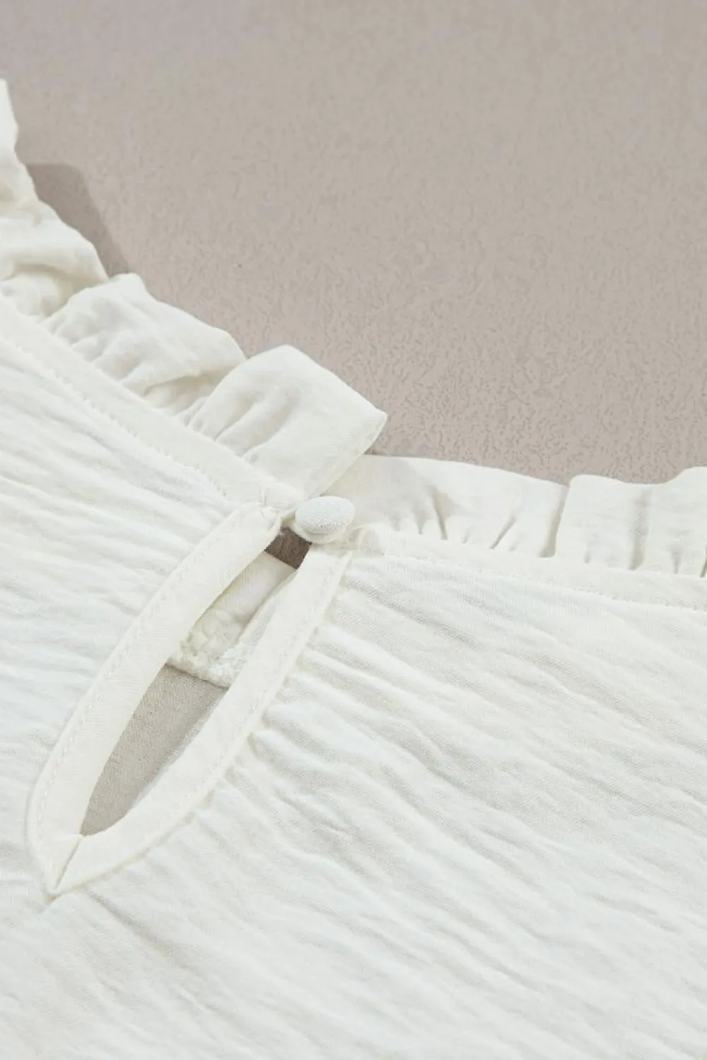 Best Dear-Lover Frilled Neck Ruffled Trim Bubble Sleeve Blouse White