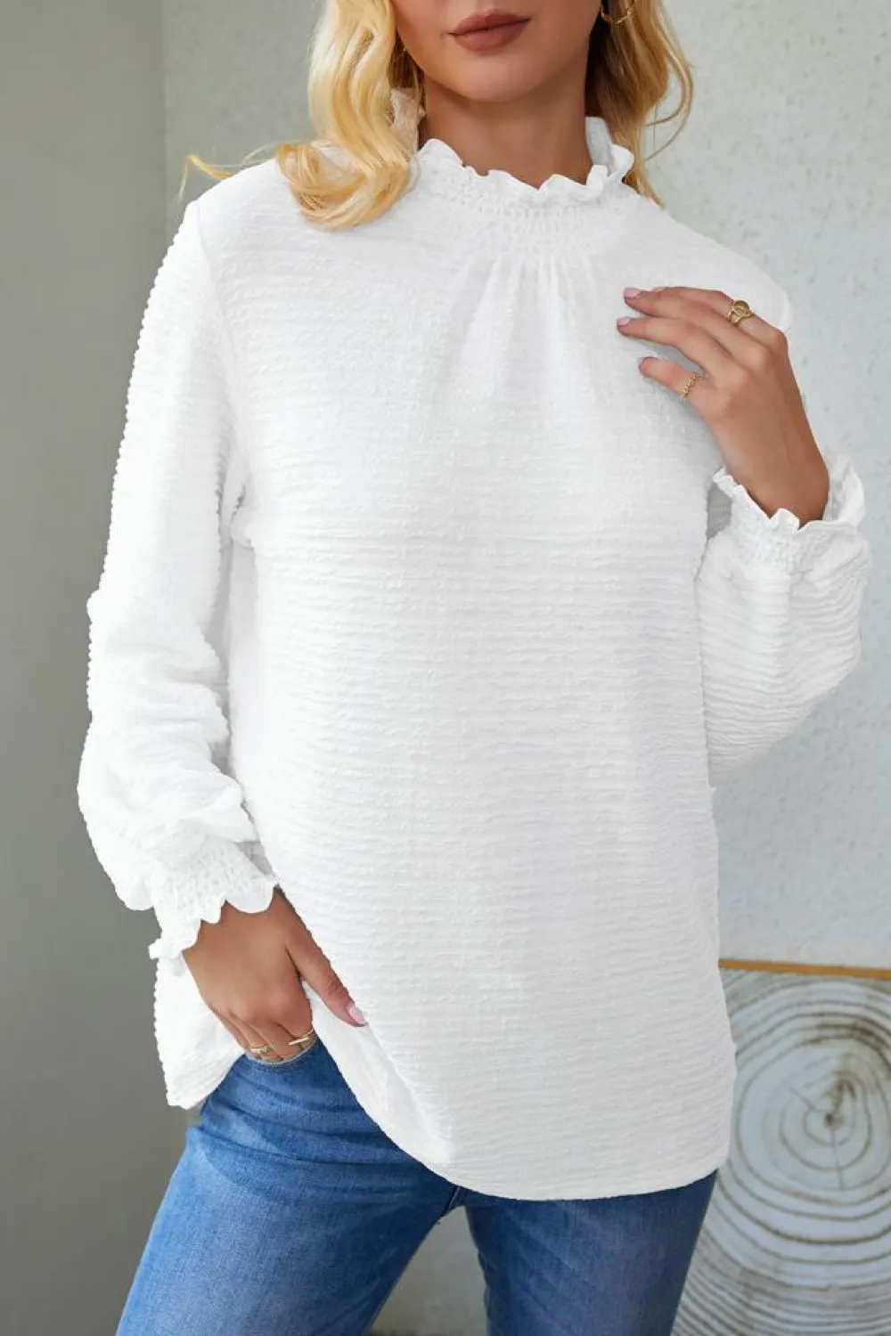 Online Dear-Lover Frilled Smocked Neck Textured Bishop Sleeve Blouse White