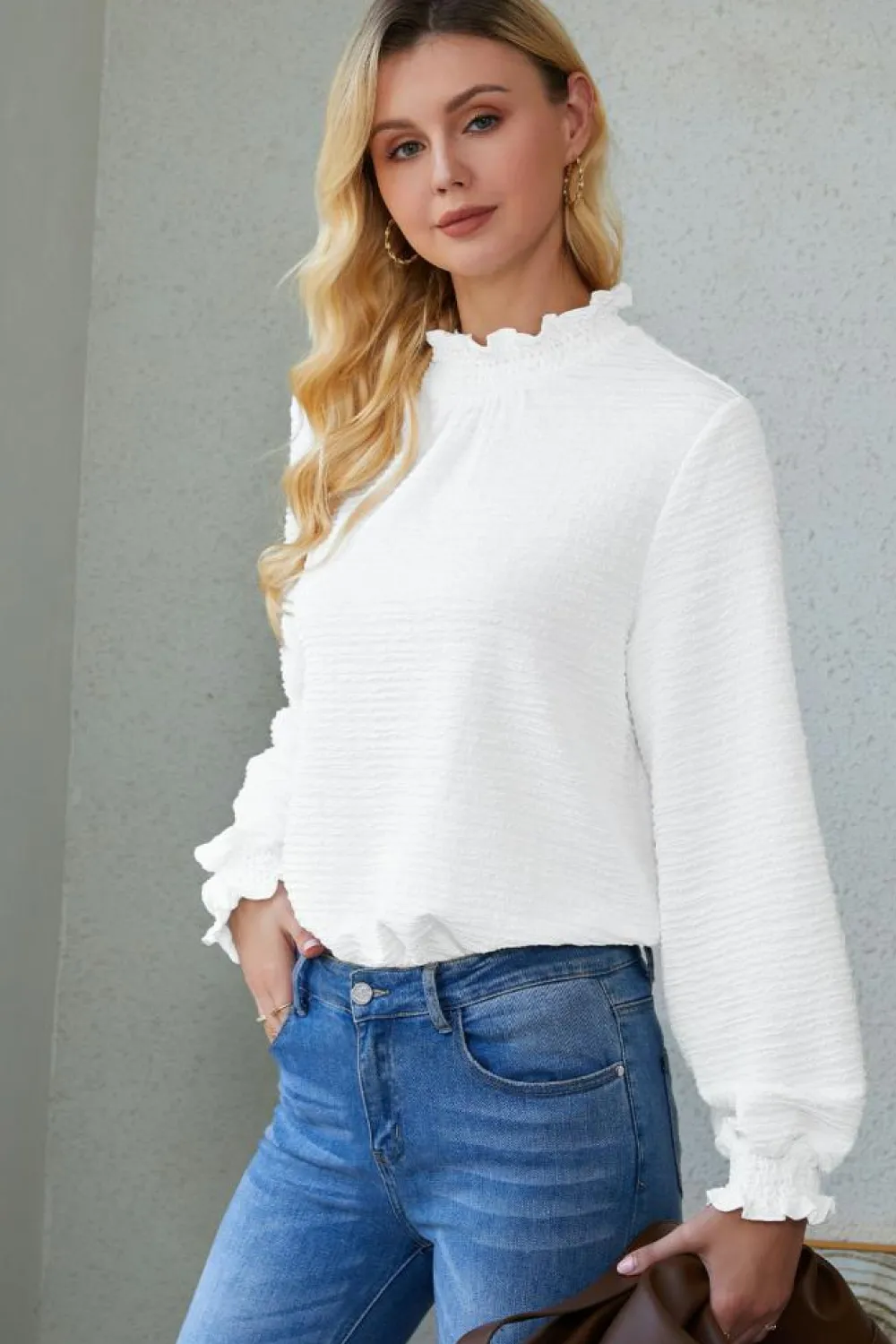 Online Dear-Lover Frilled Smocked Neck Textured Bishop Sleeve Blouse White