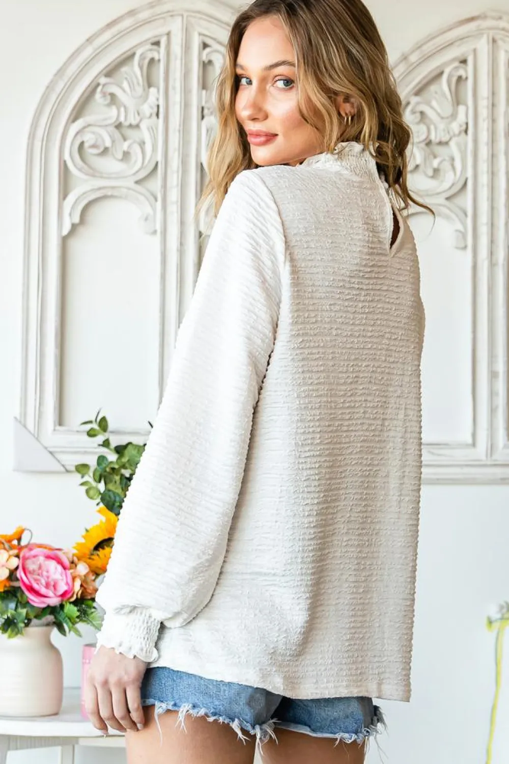 Online Dear-Lover Frilled Smocked Neck Textured Bishop Sleeve Blouse White